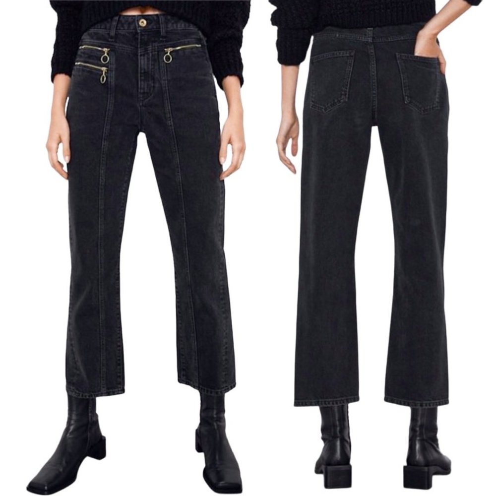 Zara Black Straight-Leg Jeans with Gold Zipper Details